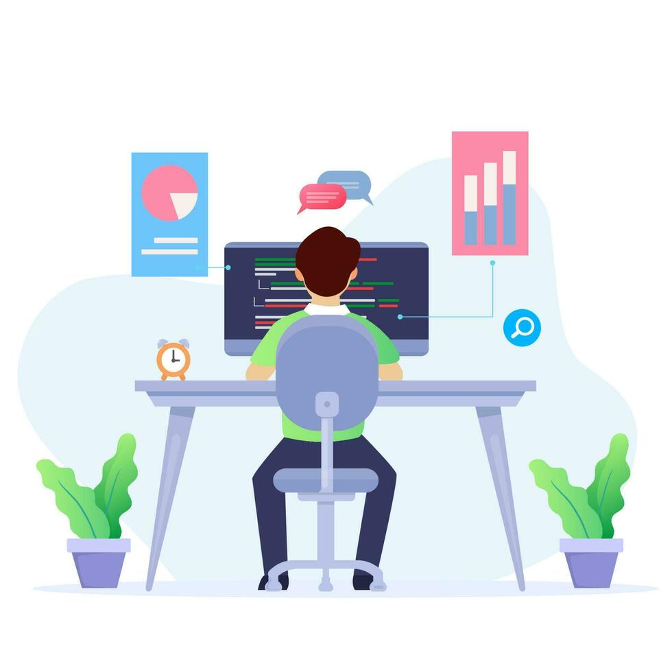 Data analysis design concept. Analysts working. people and laptop screen with data analysis graphs ansd charts. Trendy flat style Vector illustration.