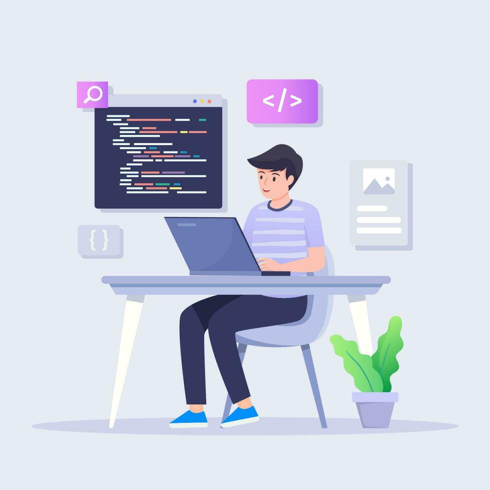 Programmer working on computer. Coders or programmers writing program. Landing page for web IT courses with HTML and PHP. vector