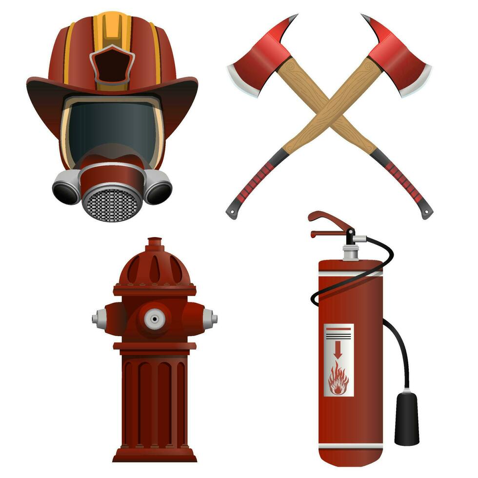 Rescue firefighters equipment SET in realistic style. Detailed colorful vector illustration on a white background.