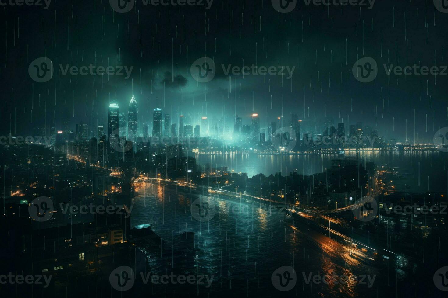 Urban night rain city. Generate Ai photo