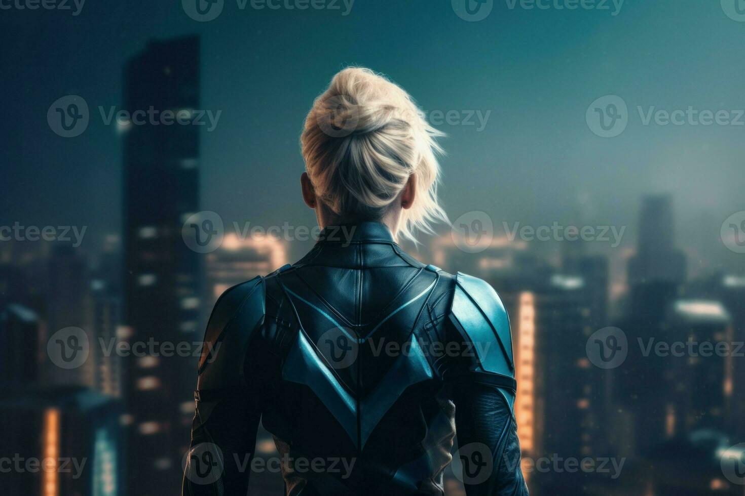 Super hero woman night city. Generate Ai photo