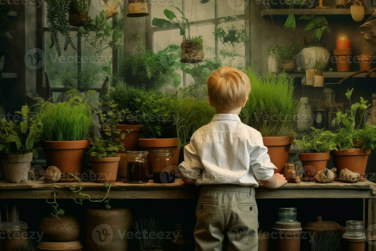 Botanist scientist child pots. Generate Ai photo