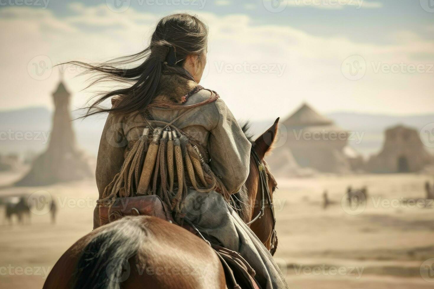 Mongolian ancient woman ride. Generate Ai photo