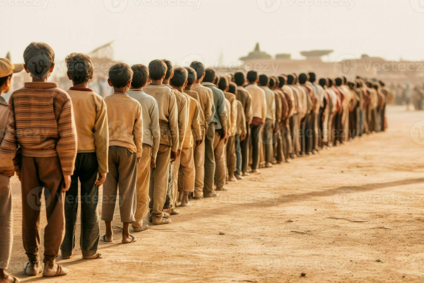 Child line desert people. Generate Ai photo