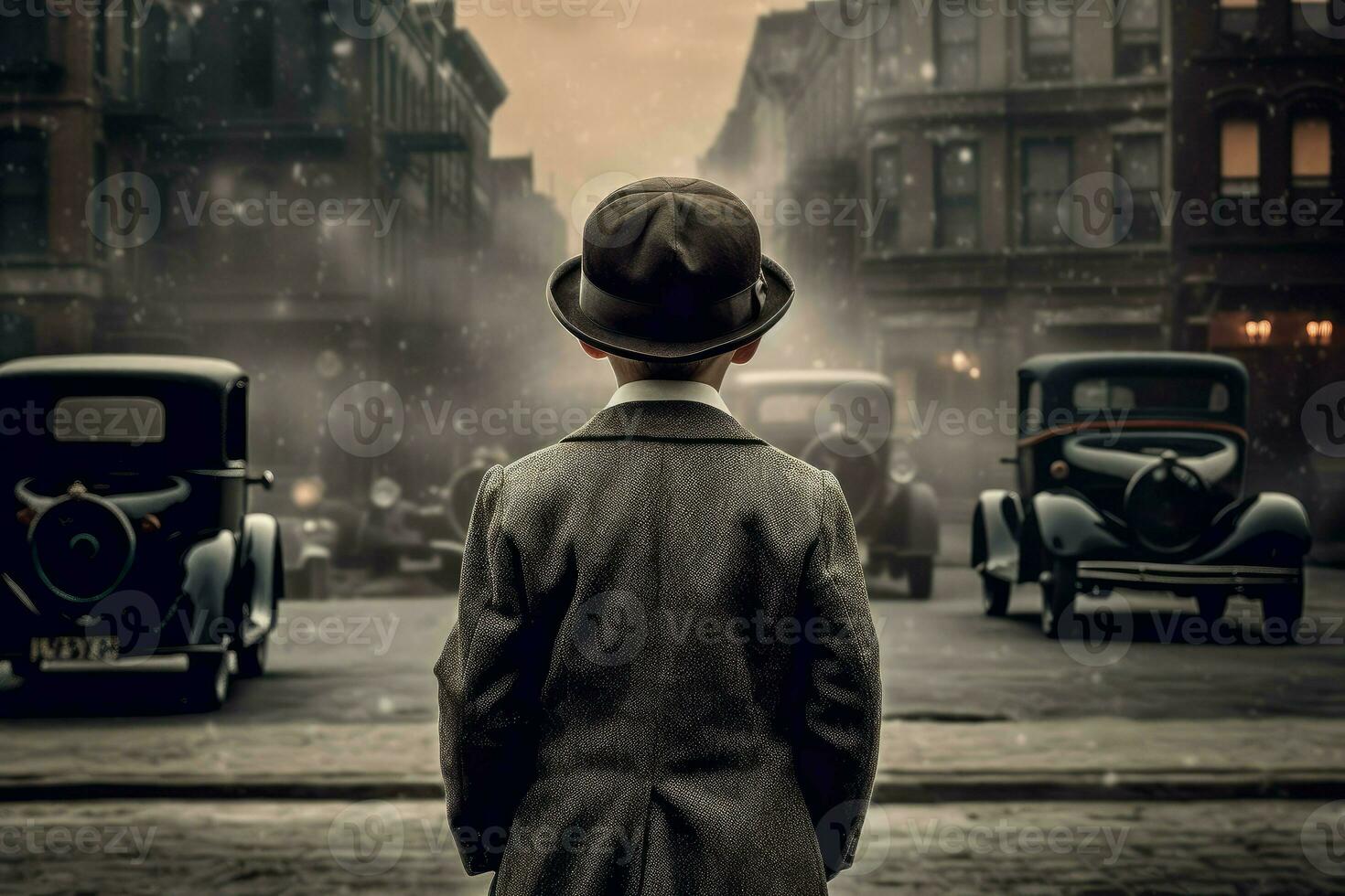 Gangster child boy 1920 year. Generate Ai photo