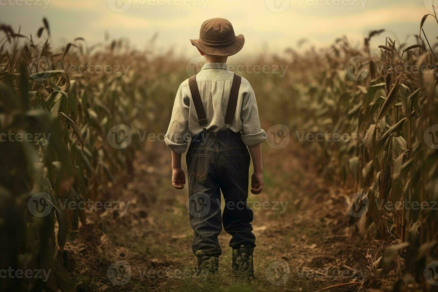 American farmer boy at corn field. Generate Ai photo