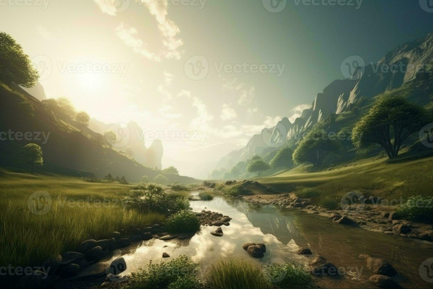 Mountain landscape field sun light. Generate Ai photo