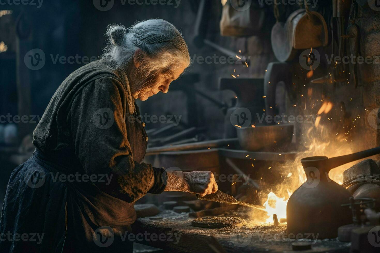herrero antiguo mujer trabajo fragua. generar ai foto