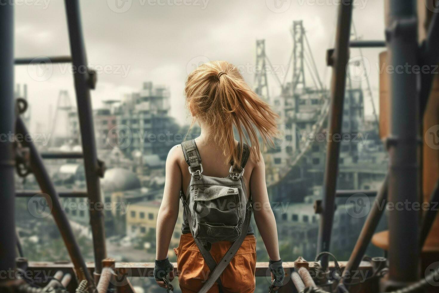 Industrial climber child girl skyscraper. Generate Ai photo
