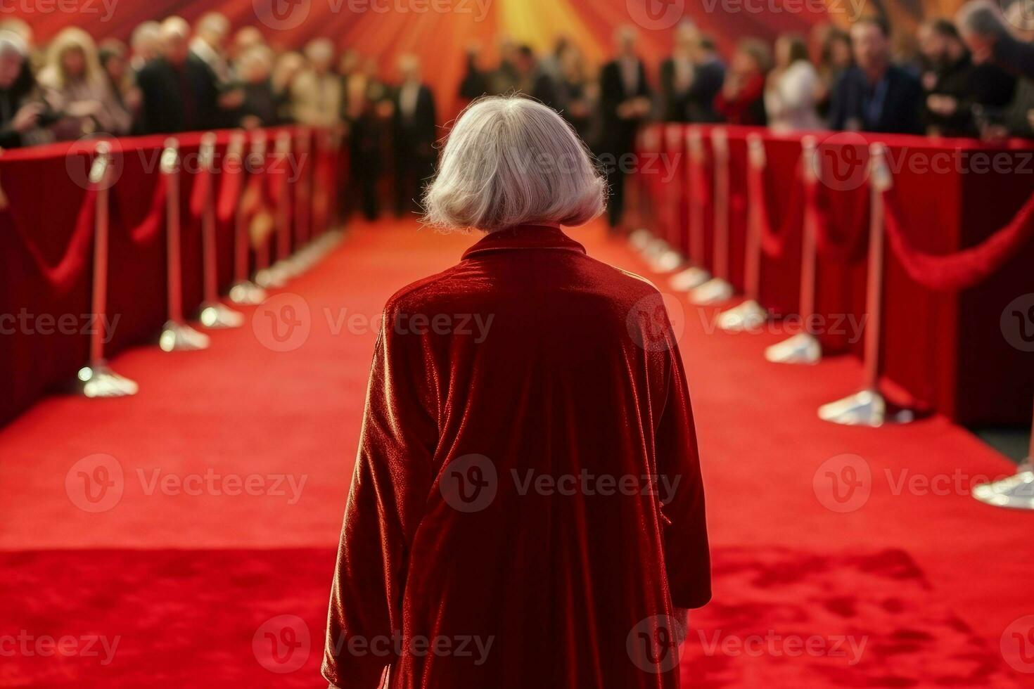 Journalist old woman red carpet. Generate Ai photo