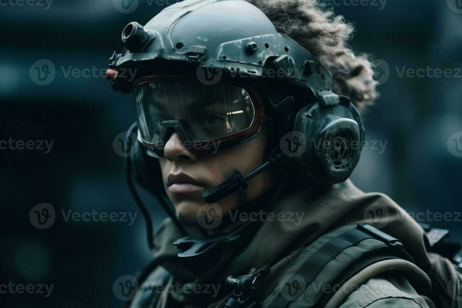 Futuristic armed soldier face. Generate Ai photo