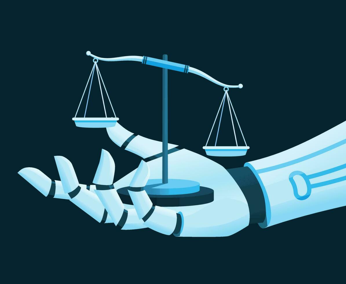 AI Law Policy Regulation Illustration Concept Robot Hand and Scale Law Artificial Intelligence Moral Ethic Vector Design