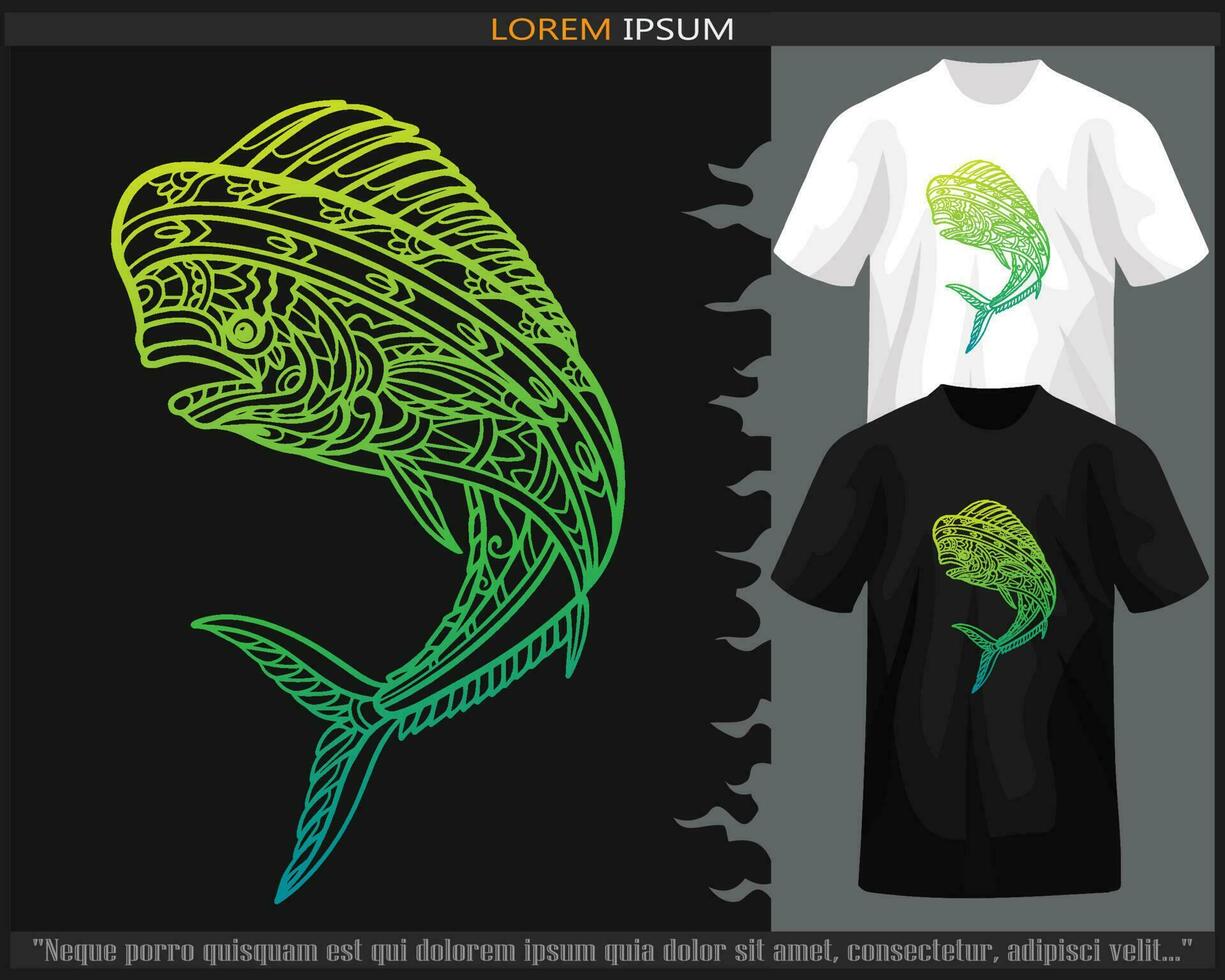 degradado vistoso mahi mahi pescado mandala letras aislado en negro y blanco t camisa. vector