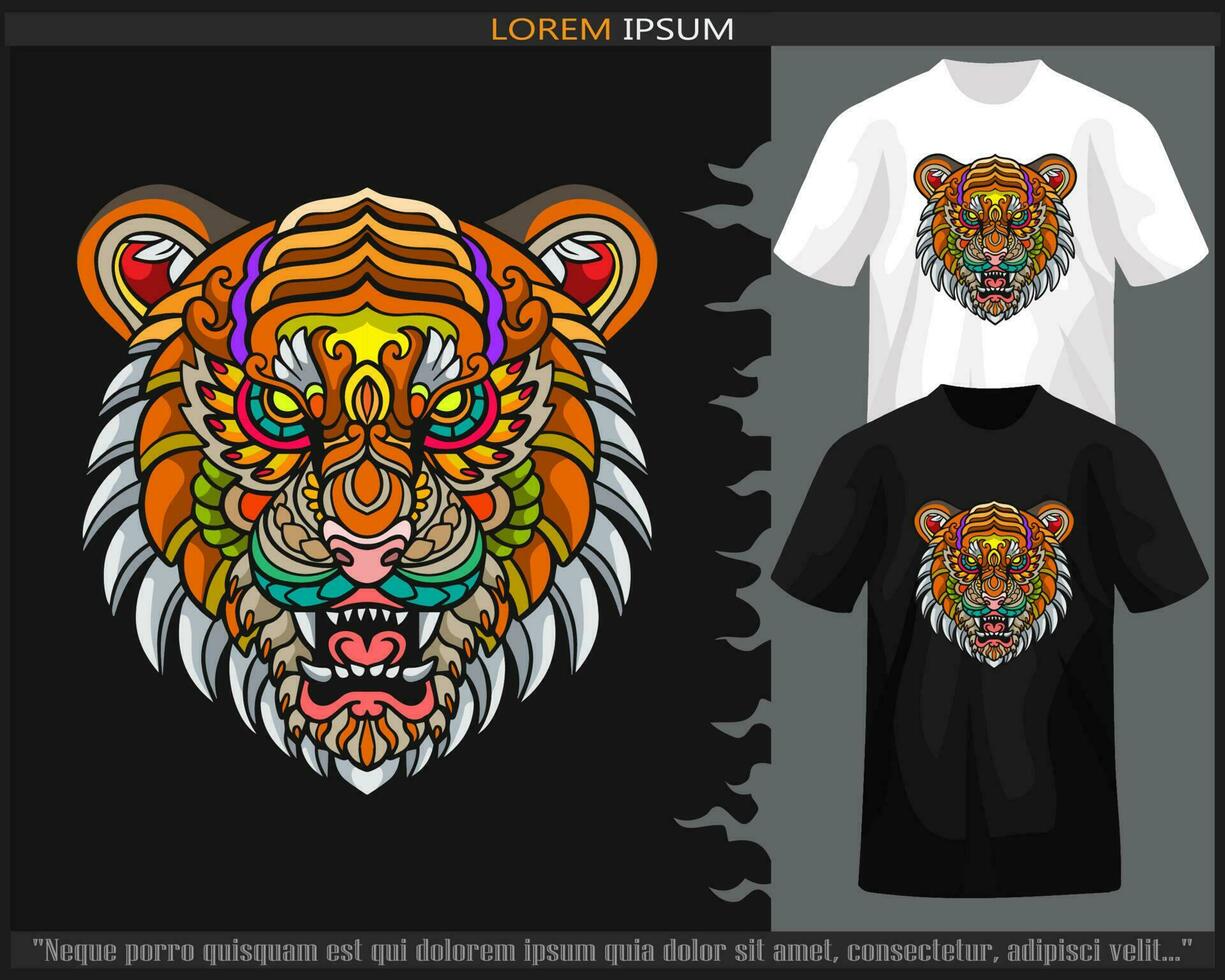 Colorful Tiger head mandala arts isolated on black and white t shirt. vector