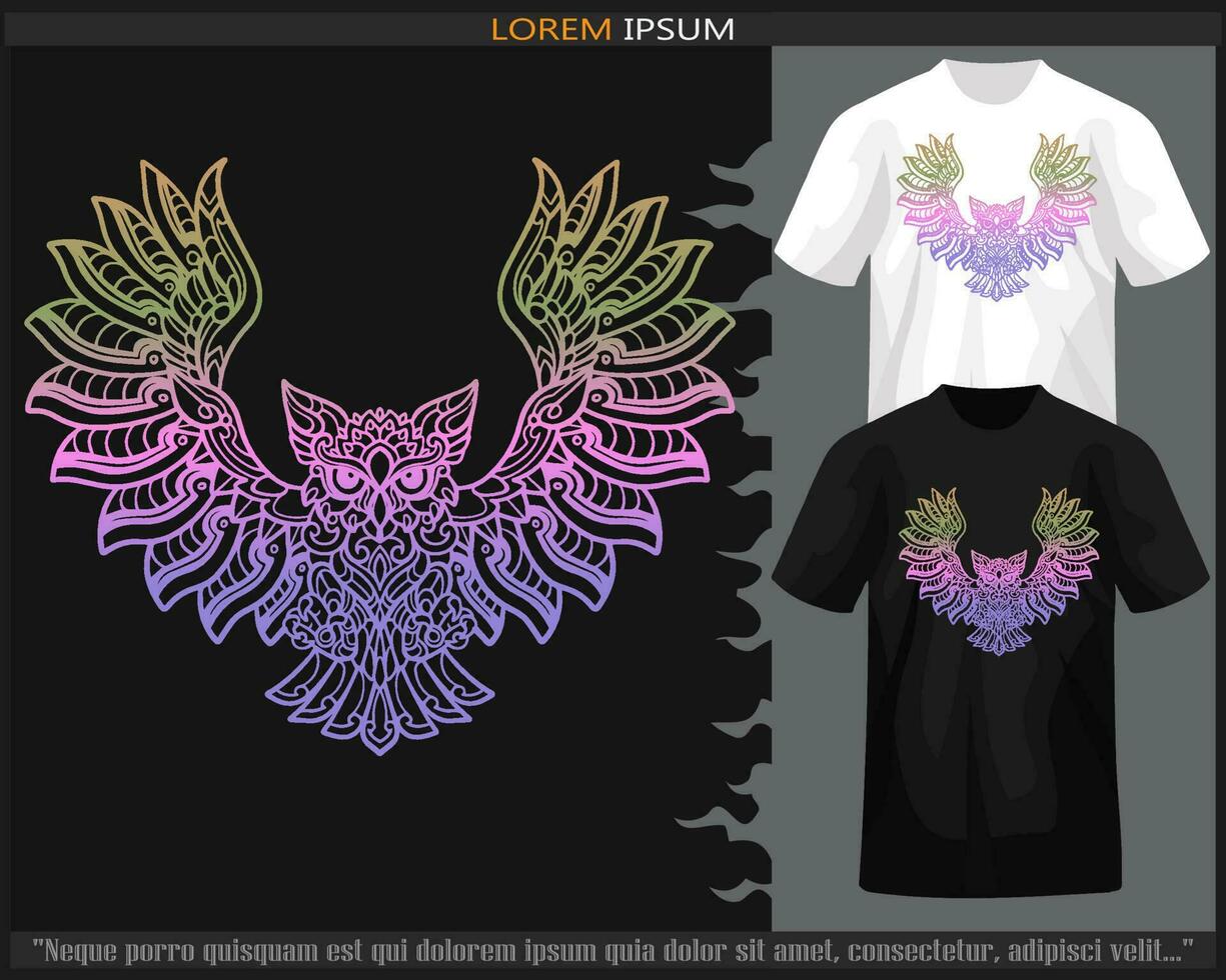 Gradient Colorful Owl bird mandala arts isolated on black and white t shirt. vector