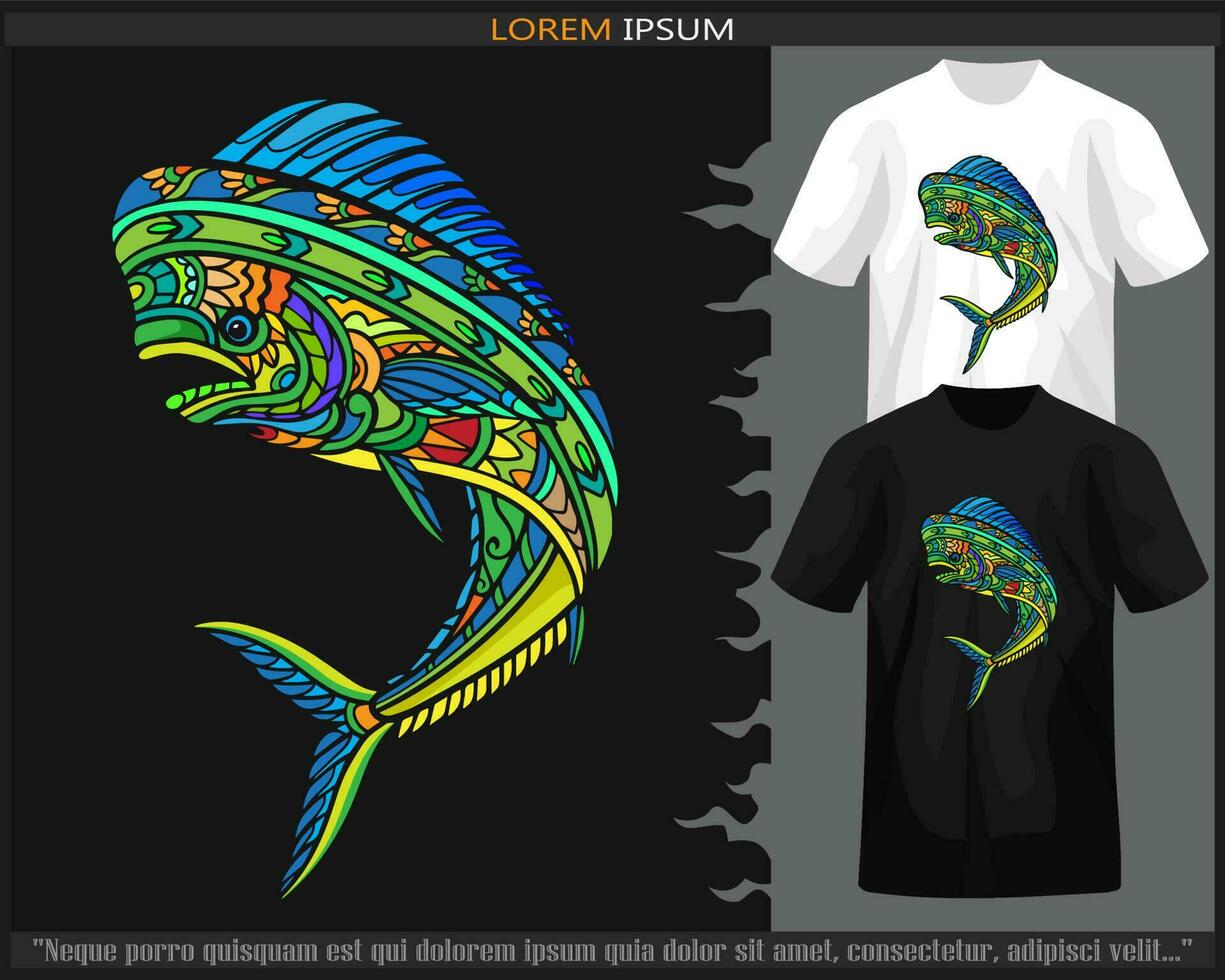 vistoso mahi mahi pescado mandala letras aislado en negro y blanco t camisa. vector