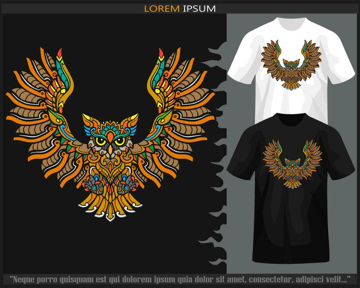 Colorful Owl bird mandala arts isolated on black and white t shirt. vector