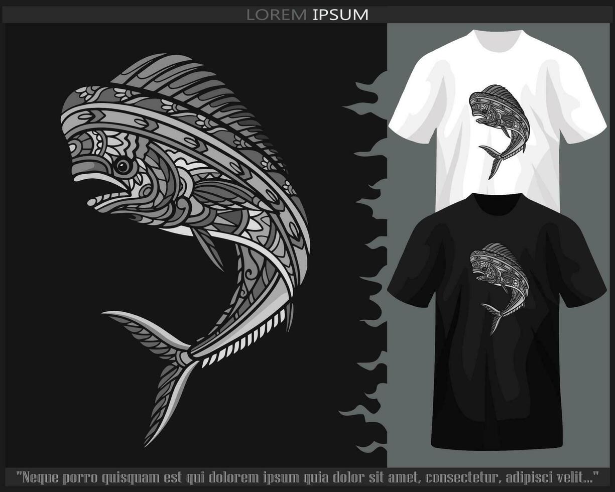 Monochrome color Mahi mahi fish mandala arts isolated on black and white t shirt. vector
