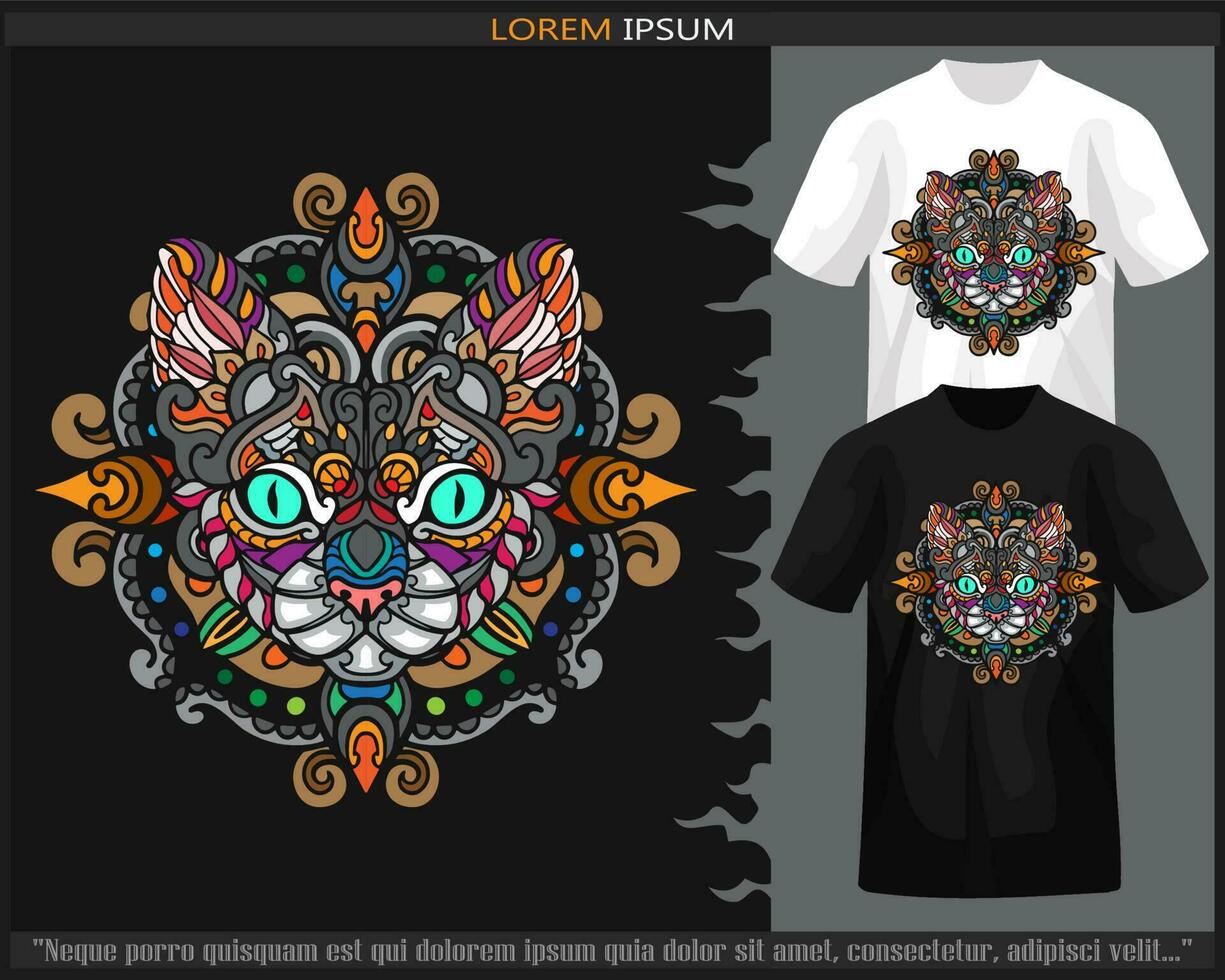 vistoso gato cabeza mandala letras aislado en negro y blanco t camisa. vector