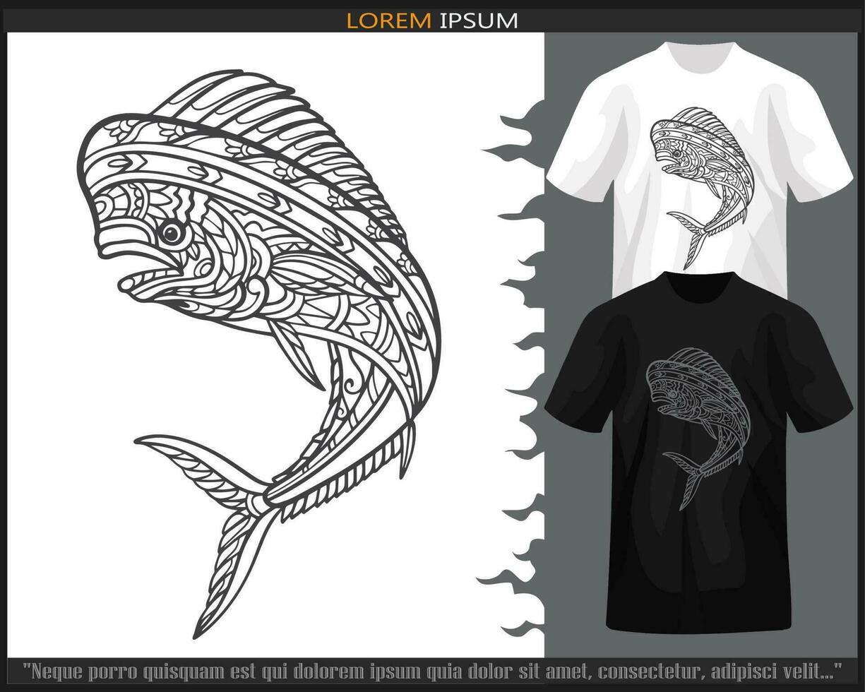 Mahi mahi fish mandala arts isolated on black and white t shirt. vector
