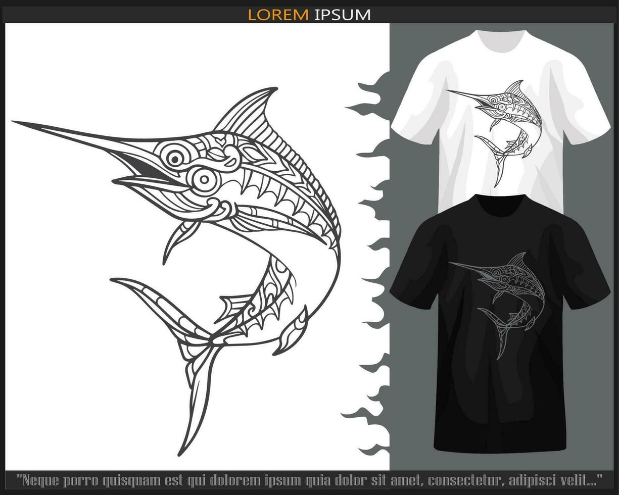 Marlin fish mandala arts isolated on black and white t shirt. vector