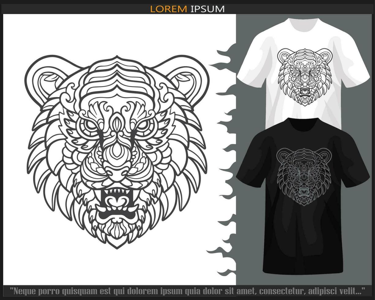 Tigre cabeza mandala letras aislado en negro y blanco t camisa. vector