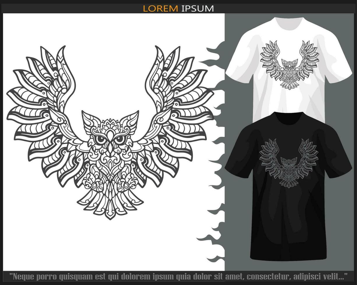 Owl bird mandala arts isolated on black and white t shirt. vector