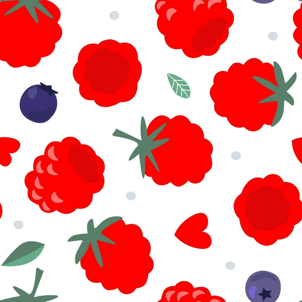 Seamless pattern with raspberries and blueberries. Summer ornament with berries. Vector graphics.