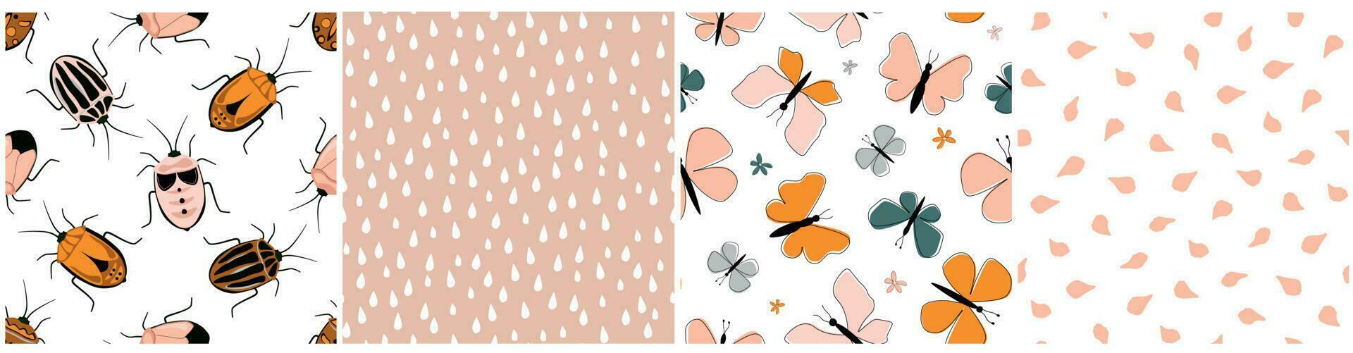 Set of natural patterns with beetles, butterflies and simple elements. Summer ornament with raindrops and petals. Vector graphics.