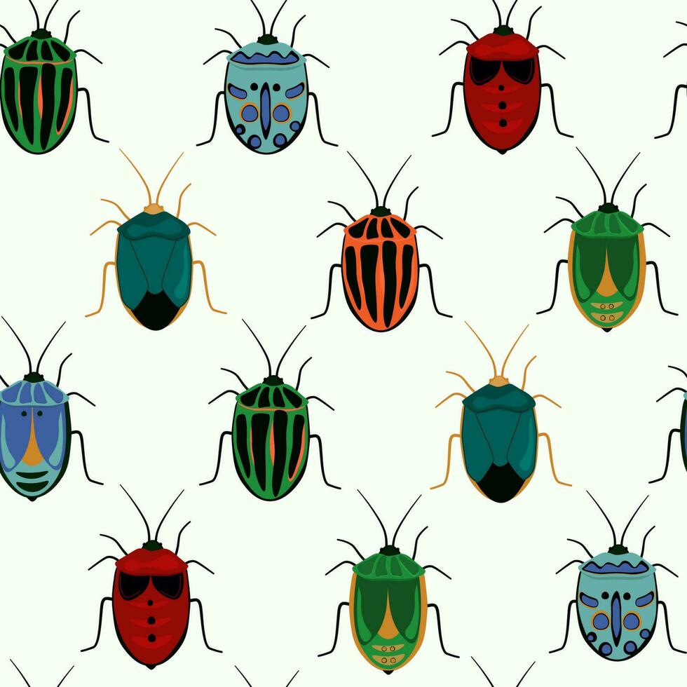 Seamless natural pattern with beetles. Summer ornament with insect bugs. Vector graphics.