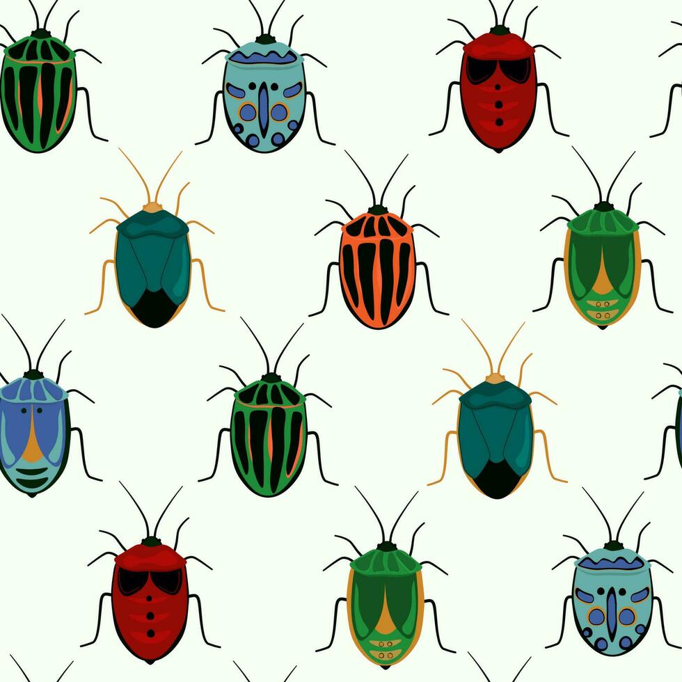 Seamless natural pattern with beetles. Summer ornament with insect bugs. Vector graphics.