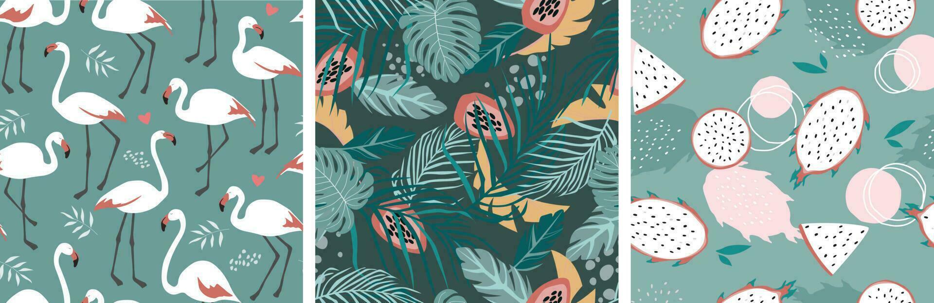 Set of contemporary natural seamless pattern with flamingo bird, tropical leaves and fruits. Vector graphics.