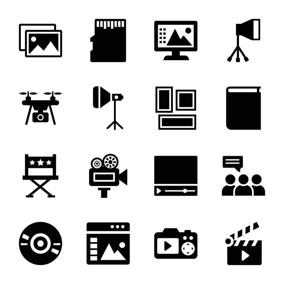 Photography Equipments Glyph Icons Set vector