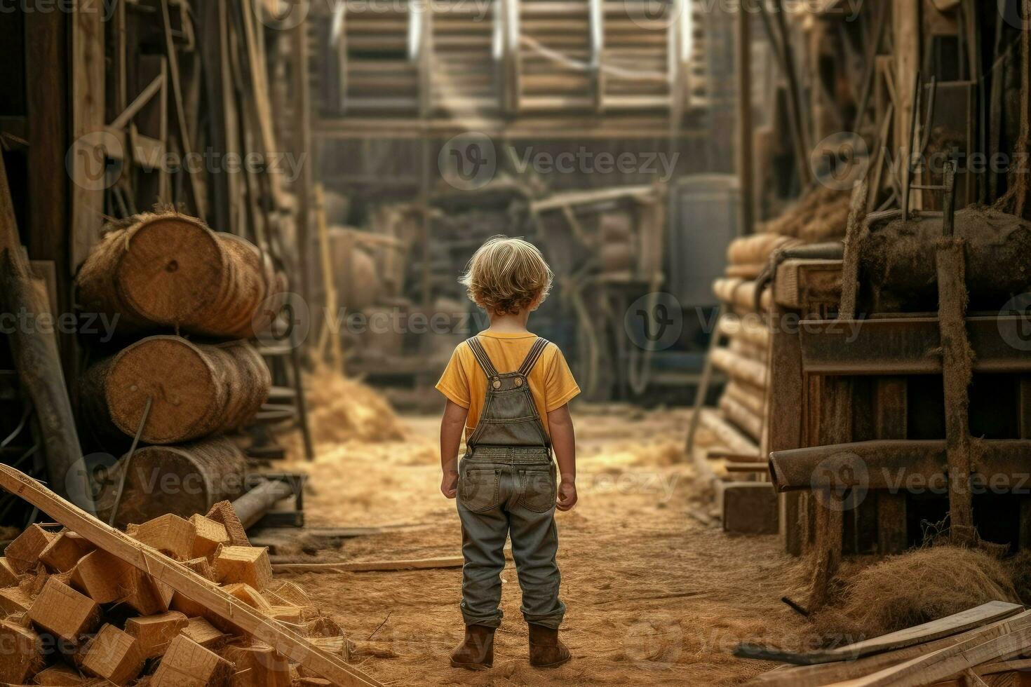 Carpenter boy sawmill. Generate Ai photo
