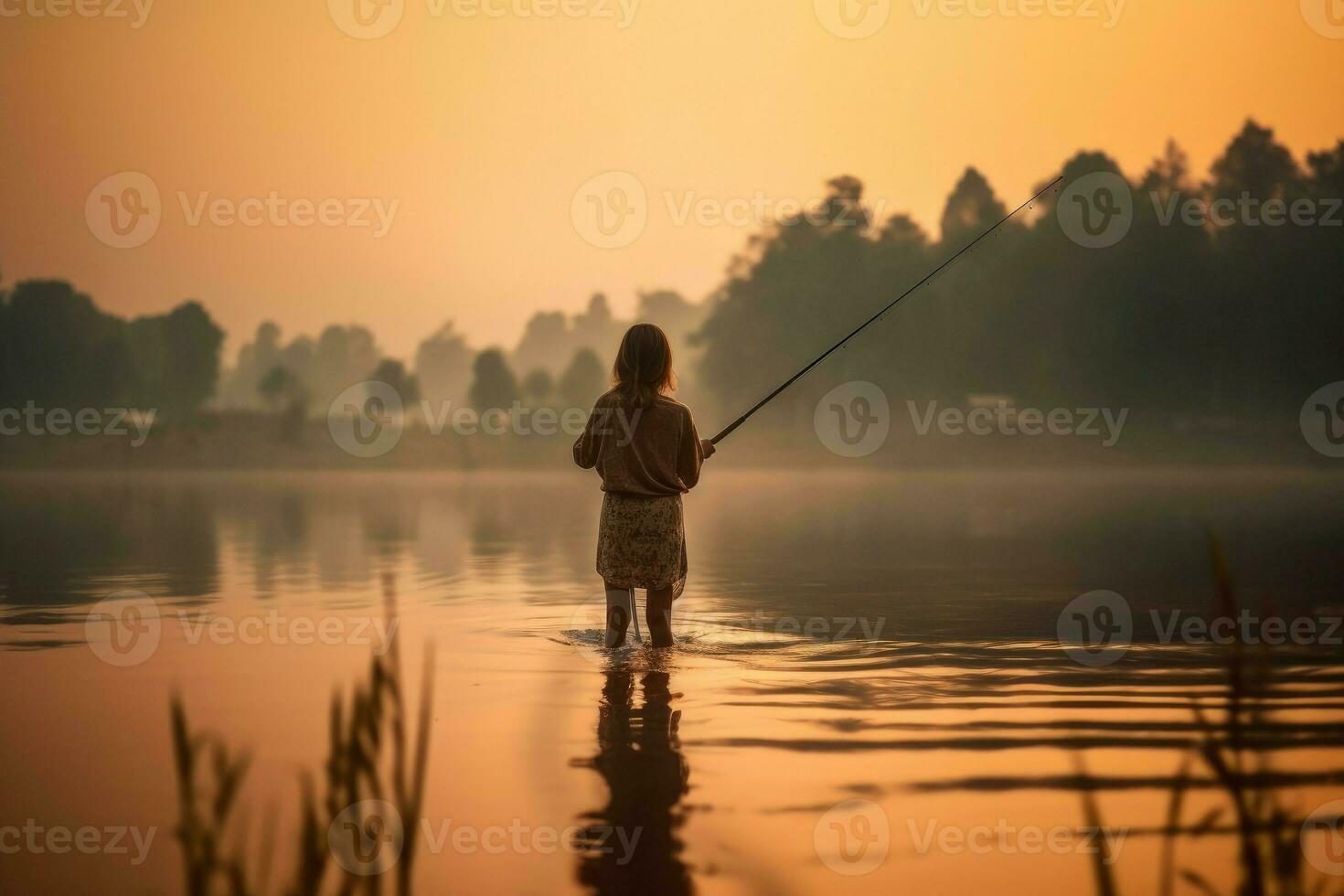 Fisherman woman morning fishing rod. Generate Ai photo