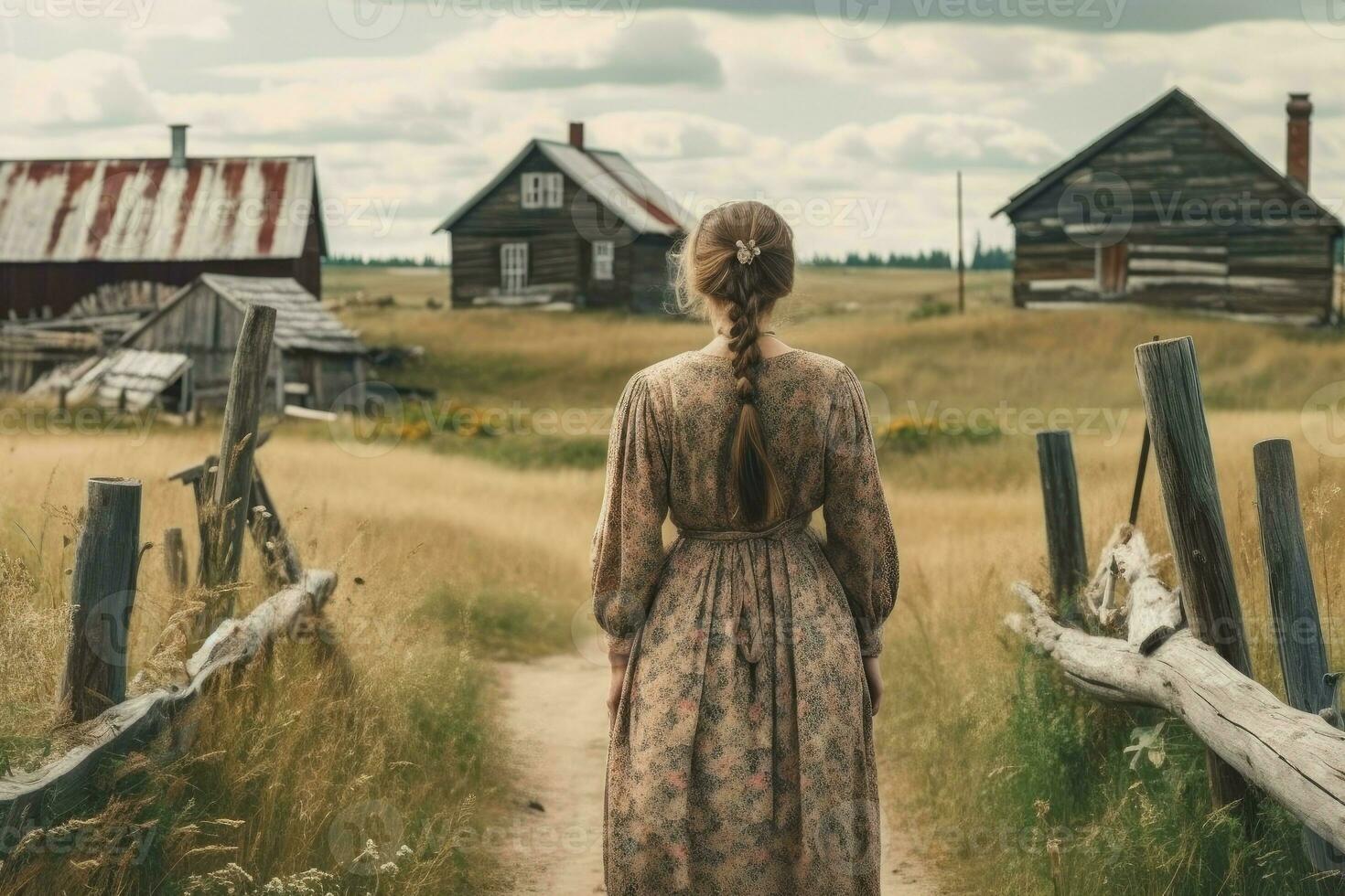 Russian woman old village. Generate Ai photo