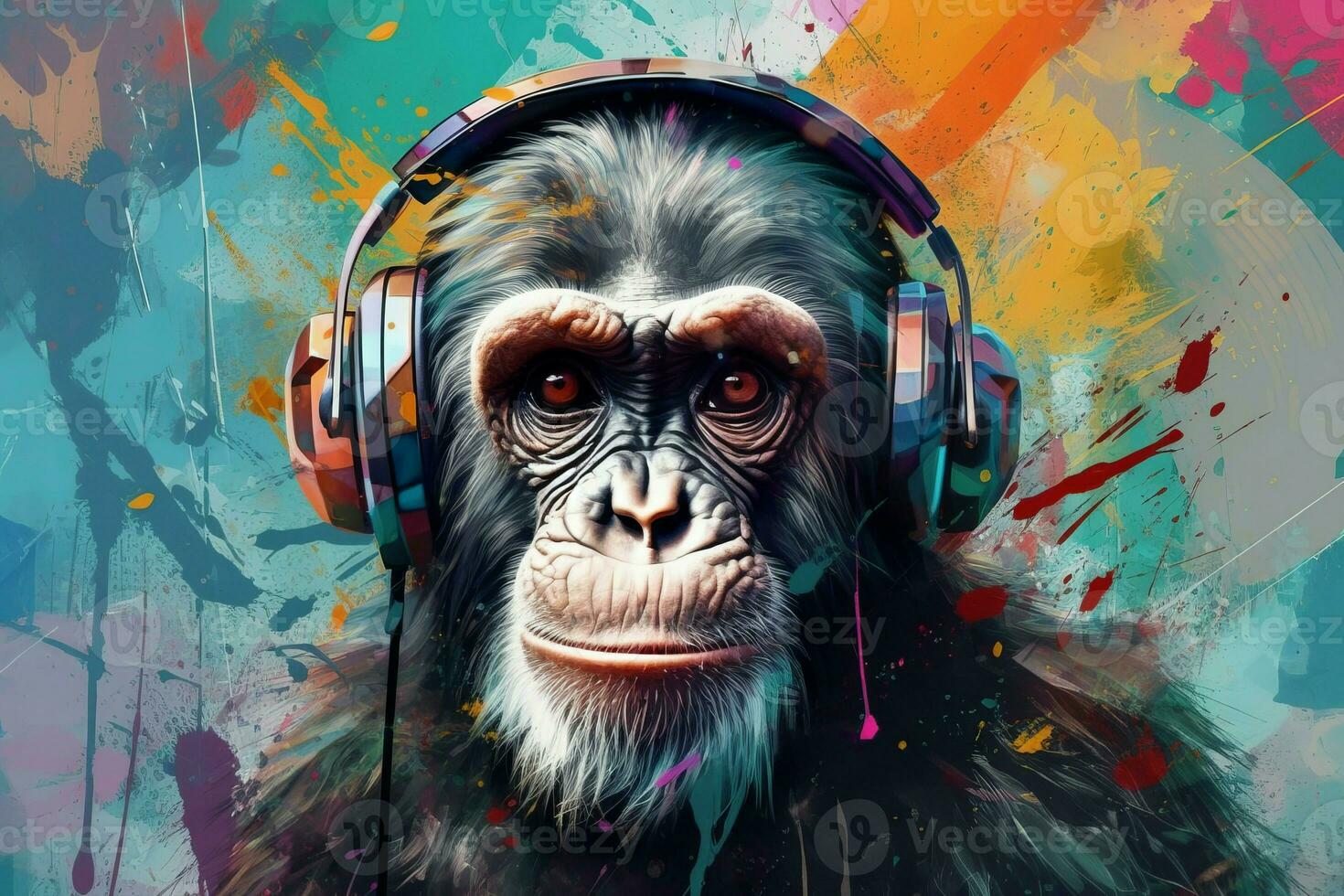Monkey headphones color splash. Generate Ai photo
