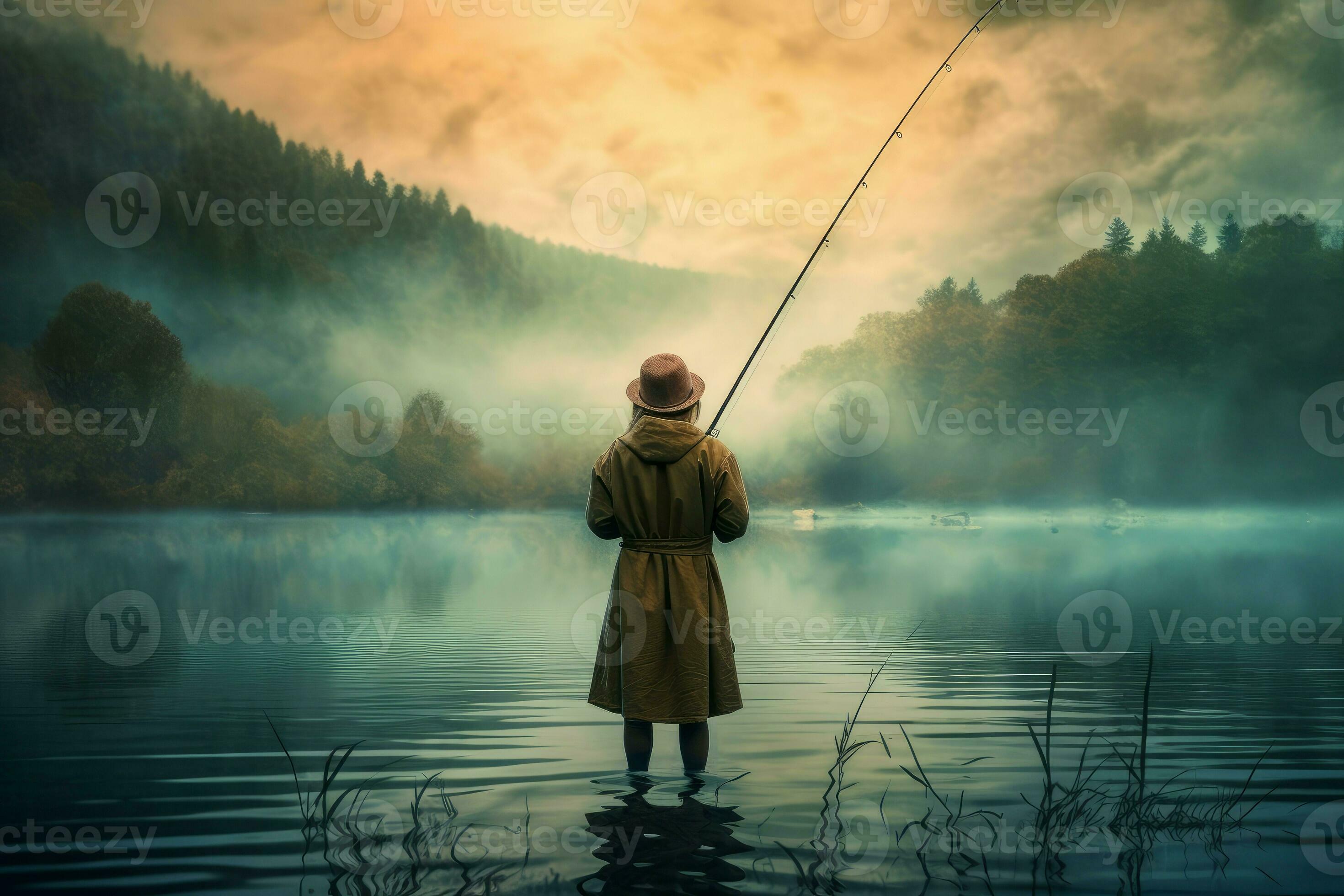 Fisherman woman fishing rod. Generate Ai 24115330 Stock Photo at Vecteezy