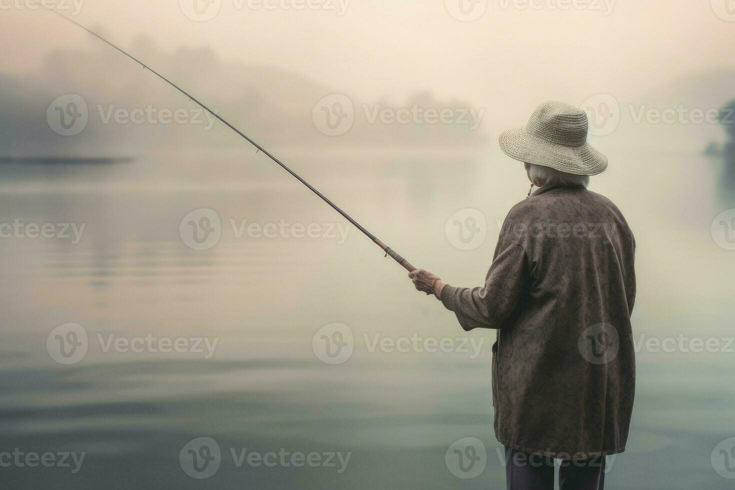 Fisherman senior woman fishing rod. Generate Ai photo