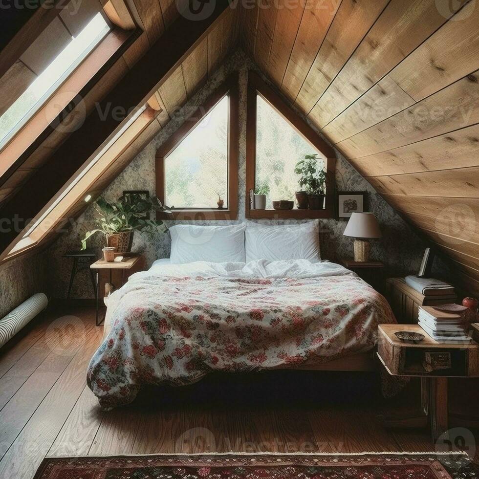 Cozy attic bedroom. Generate Ai photo