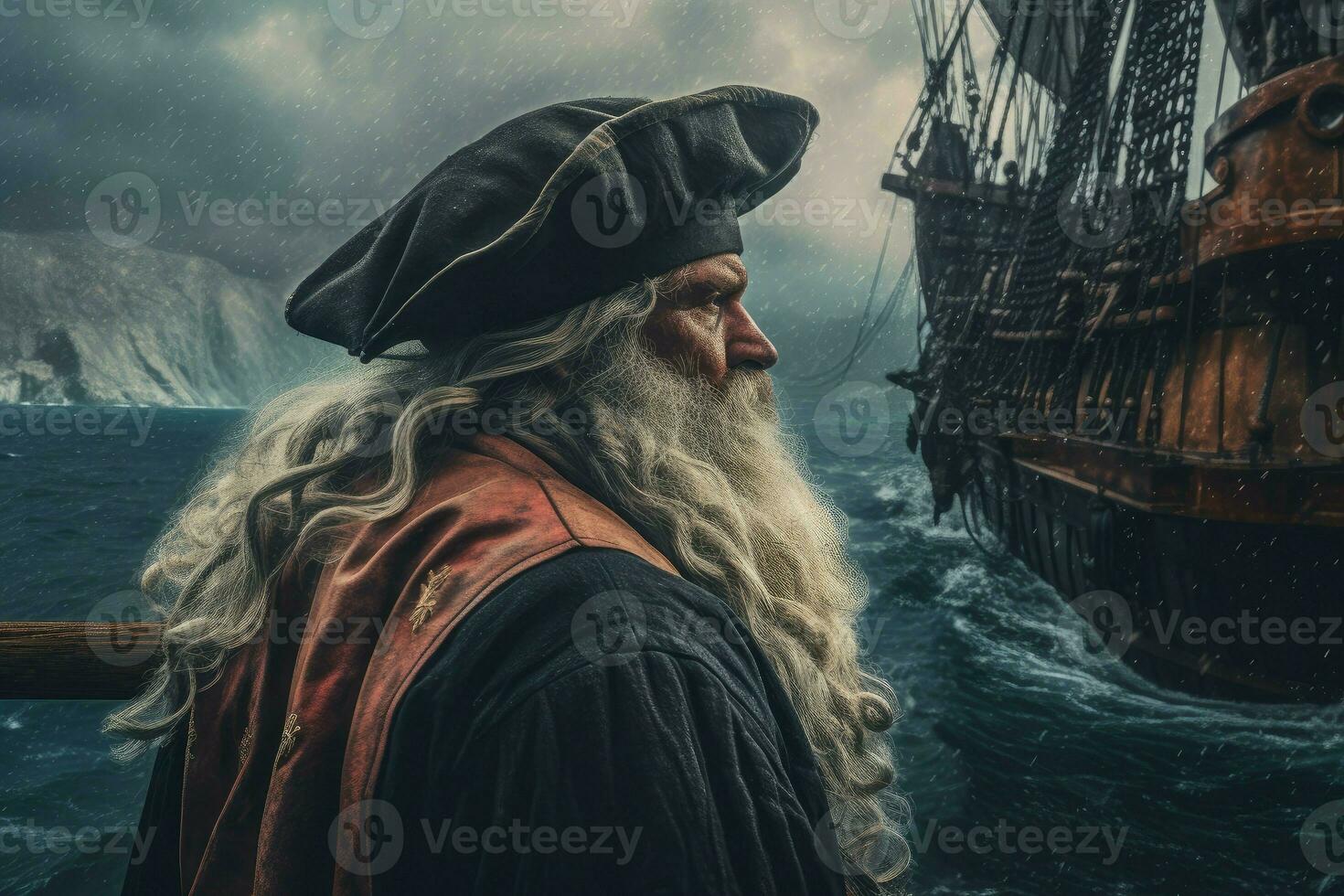 Pirate old senior aboard pirate ship. Generate Ai photo