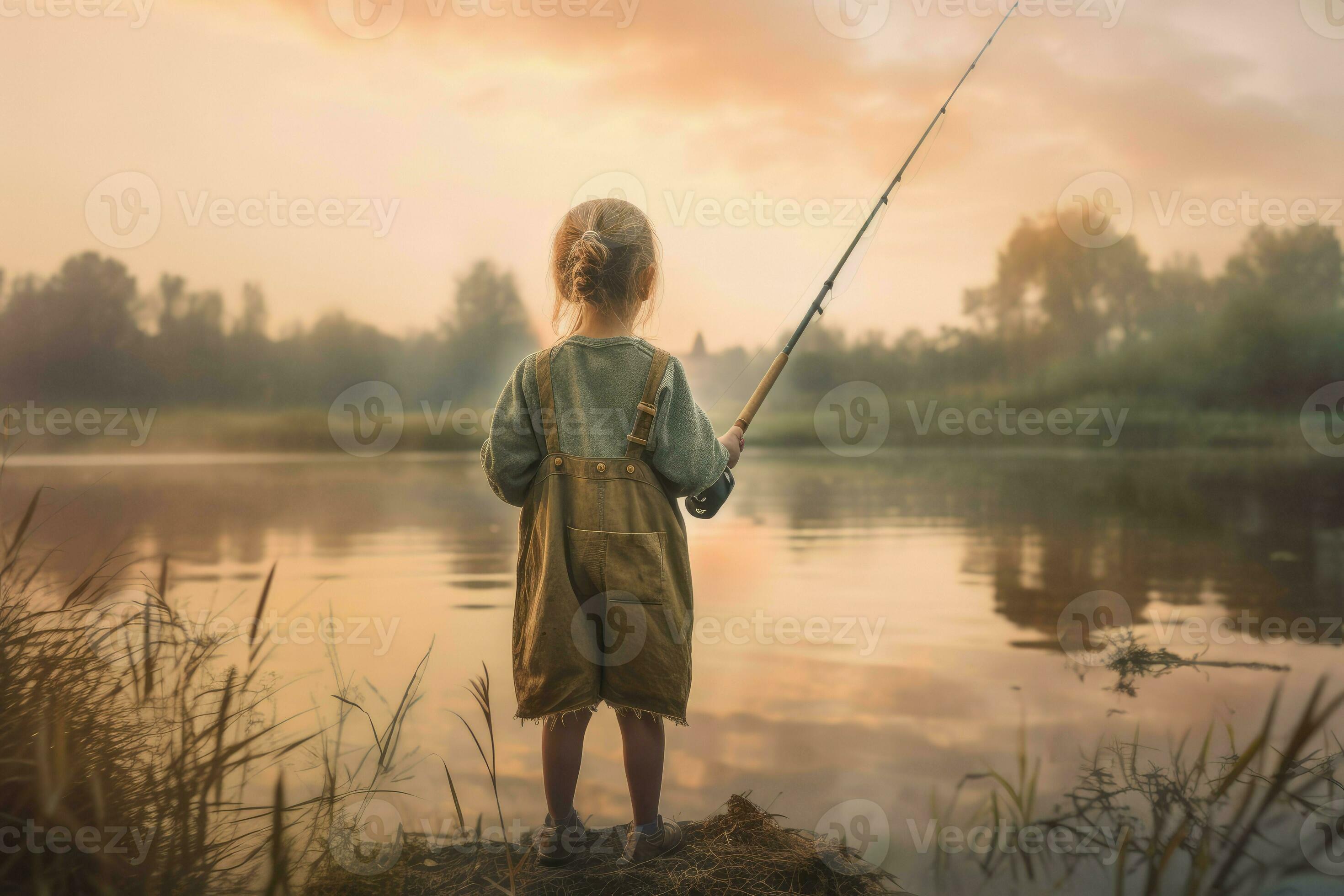 Fisherman kid girl fishing rod. Generate Ai 24115381 Stock Photo