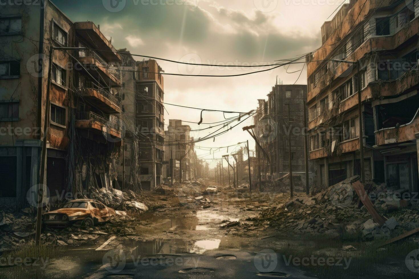 Post apocalyptic street city. Generate Ai photo