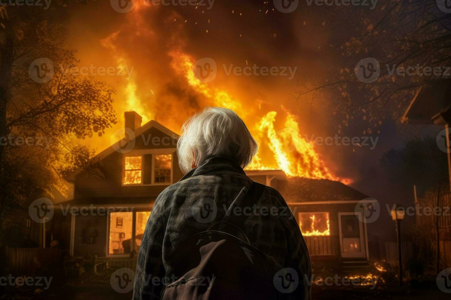 Firefighter old woman burning house. Generate Ai photo