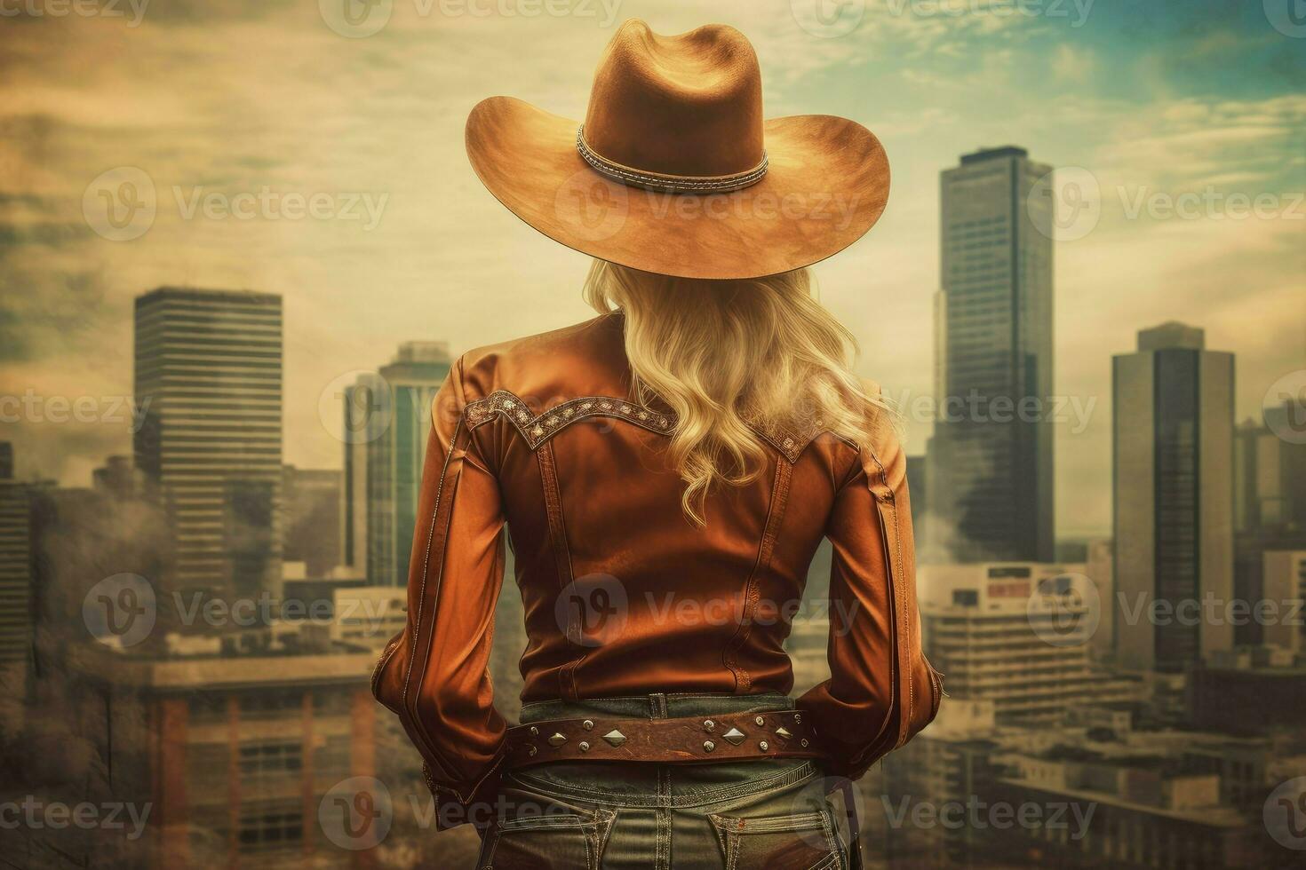 Cowboy wild west skyscrapers. Generate Ai photo