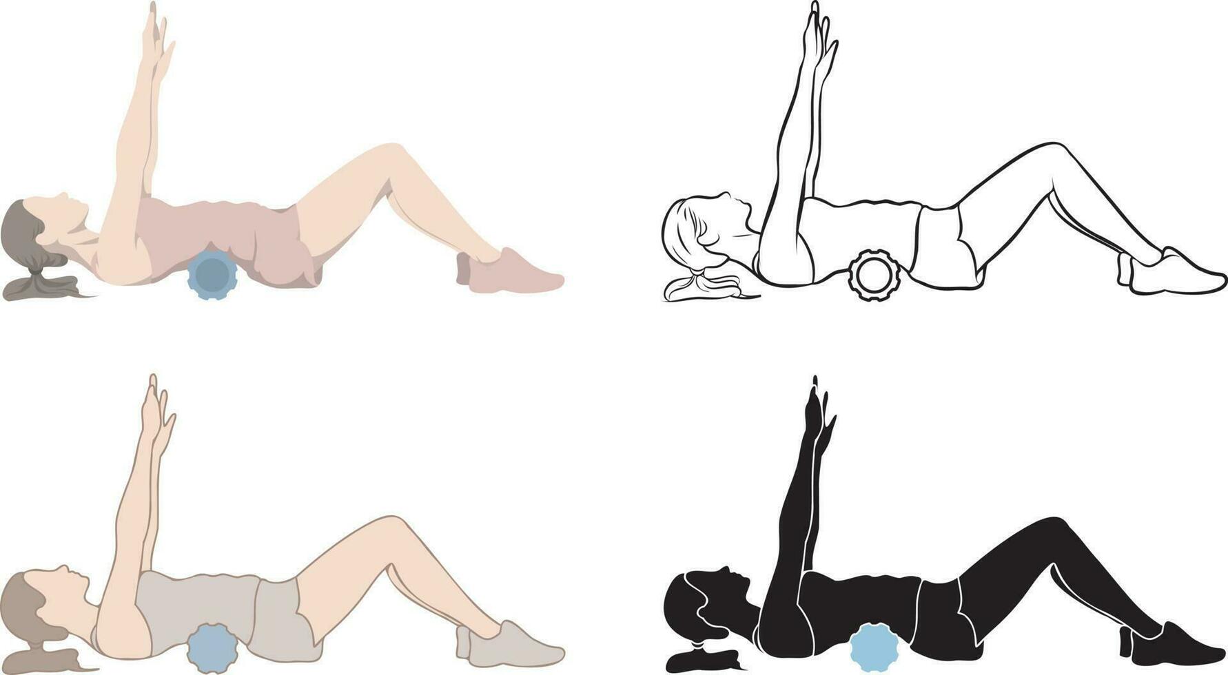 Woman Exercise with Foam Roller Set. vector