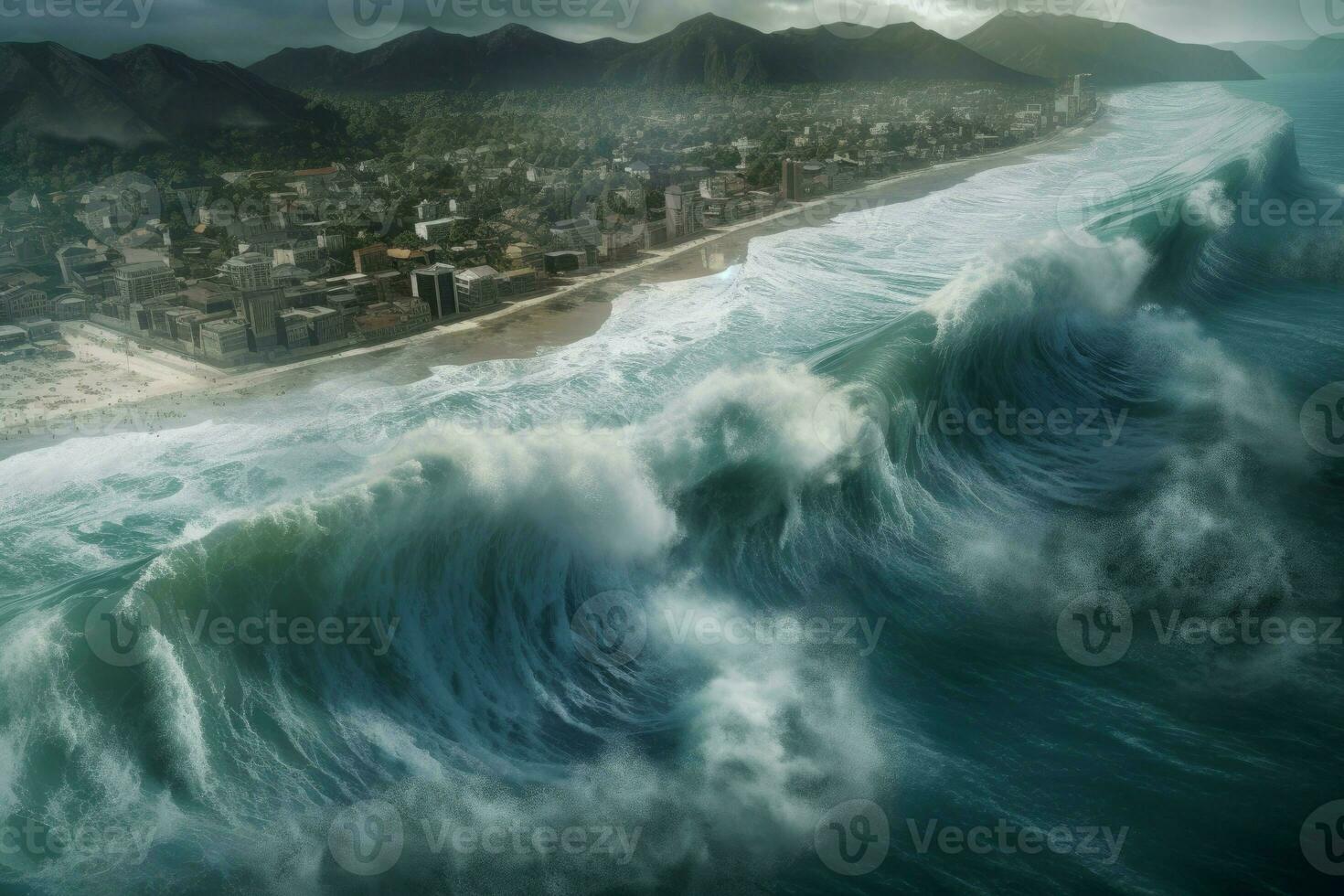 Big tsunami wave crashing. Generate Ai photo