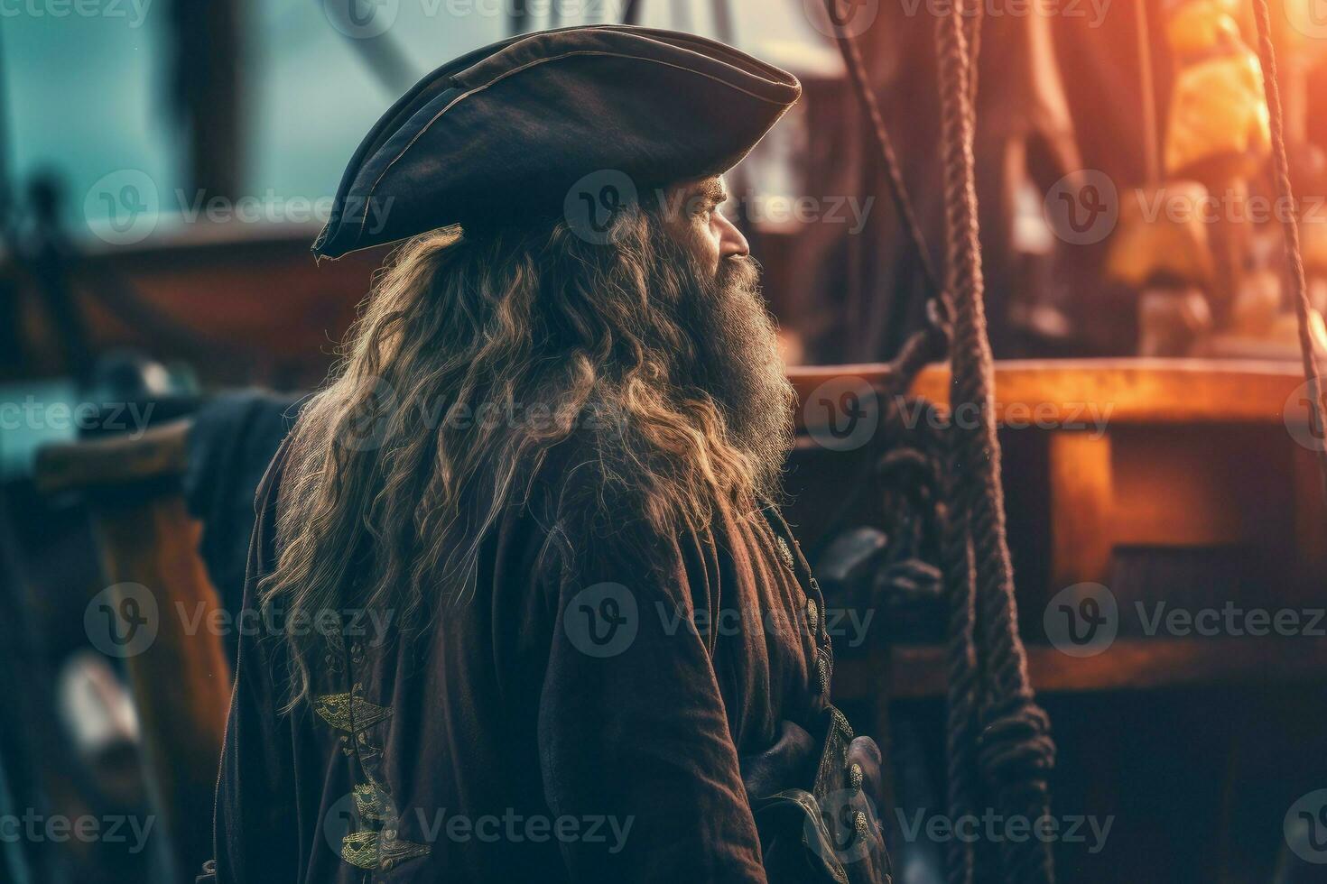 Pirate old man aboard pirate ship. Generate Ai photo