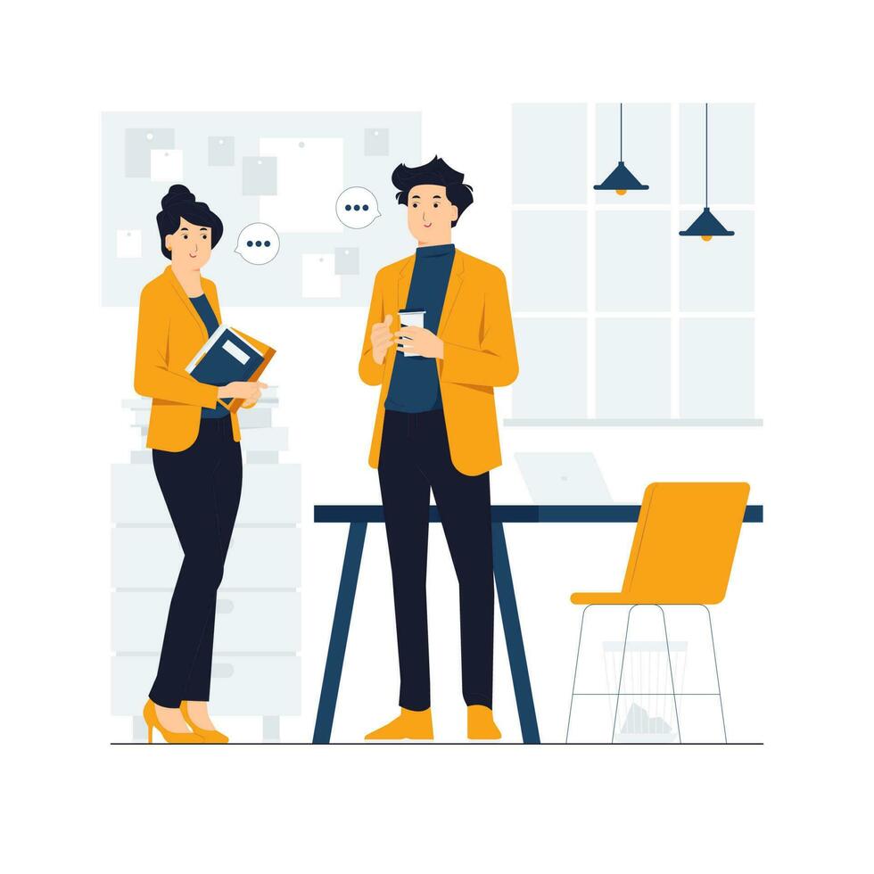 Conversation, discussion, chatting, Talking, Two colleagues joking and laughing during coffee break in work space, business team having fun enjoy discussing project in office concept illustration vector