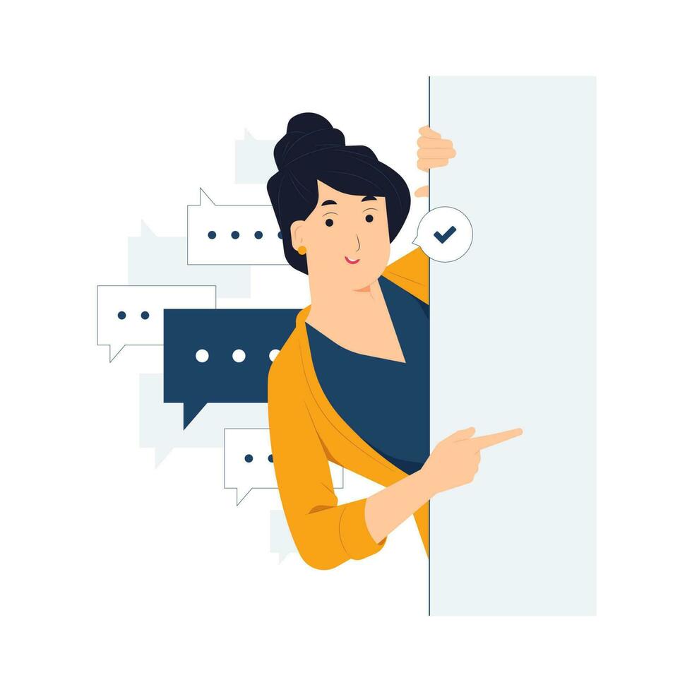 Young Businesswoman standing behind a wall while peeking and pointing finger with curiosity concept illustration vector